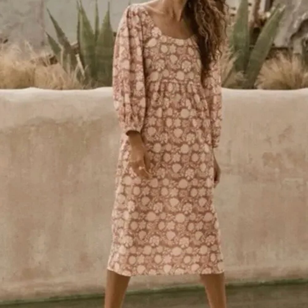 Faherty NEW Freya Clay Jai Floral Neutral Cotton Puff Sleeve Midi Dress size S